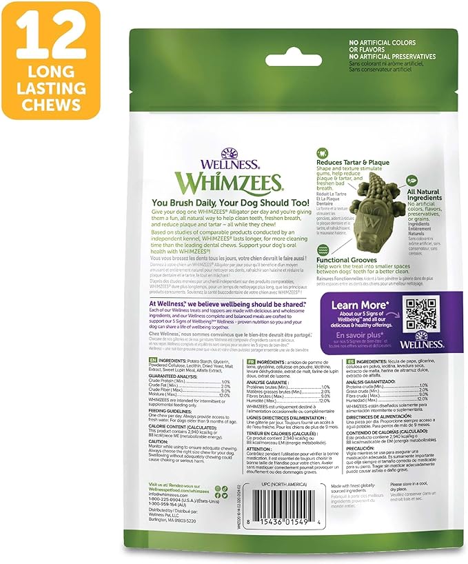 Whimzees Wellness Alligator Dog Dental Treats, Medium Size, (12 Count)