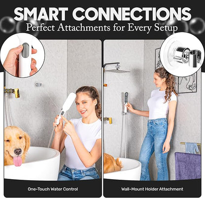 Dog Shower Attachment with 4 Spray Modes, 6.5ft Stainless Steel Hose & Metal Diverter – Easy-Install Kit with Grooming Gloves and Absorbent Microfiber Pet Towel – Indoor/Outdoor Use