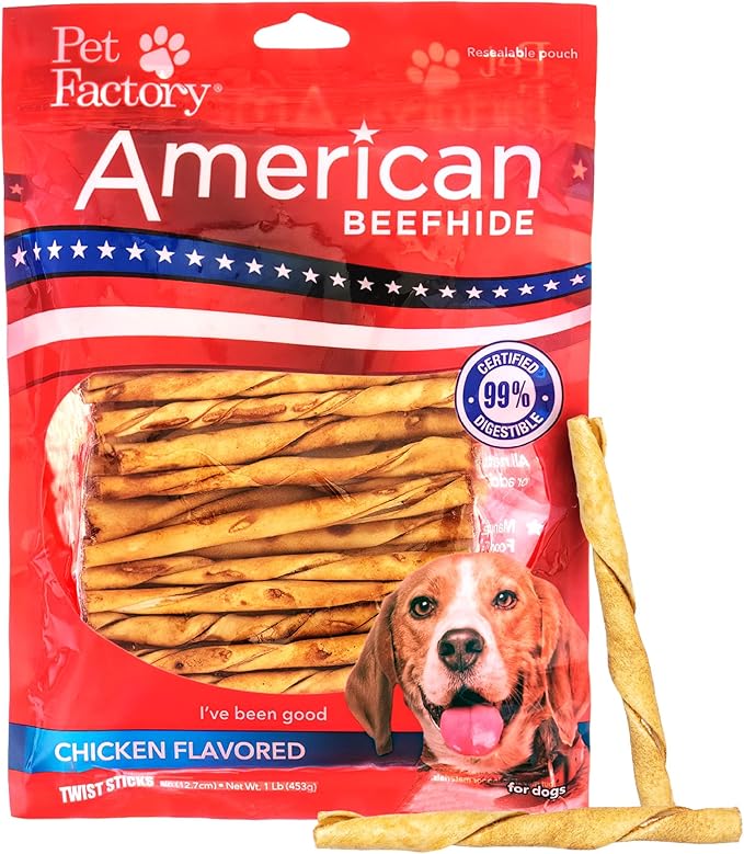 Pet Factory American Beefhide 5" Twist Sticks Dog Chew Treats - Chicken Flavor, 1 lb
