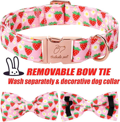 Cute Strawberry Dog Collar with Bow Tie - Adjustable Spring-Summer Pink Bowtie Collar Breathable Comfort Dog Collars for Small Medium Large Dogs M