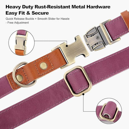 Plutus Pet Genuine Leather & Hemp Dog Collar – Adjustable Heavy Duty Pet Collar with Quick Release Metal Buckle, Soft & Stylish for Puppy and Small, Medium, Large Dogs (Purple, M)