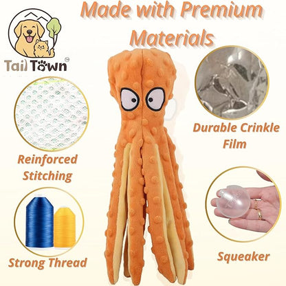 Orange Octopus Dog Toy – Squeaky & Crinkle Plush – No Stuffing Toy for Small Medium Large Dogs Puppies & Seniors – Interactive Safe Soft Toy for Tug Fetch Play – Tail Town