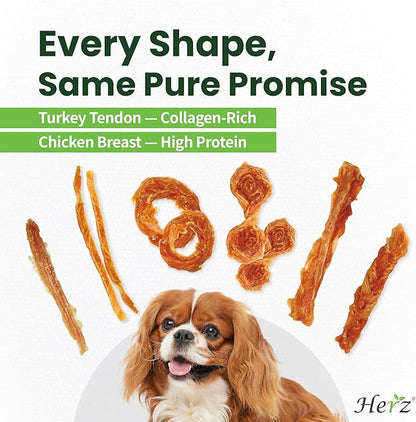 Herz Turkey Tendons for Dogs, Duo-Protein, Hypoallergenic Puppy Treats, USA-Sourced, Rawhide Free, Long Lasting Chews, Turkey Tendon & Chicken, Healthy Dog Treats for Small Dogs, Rope (S), 3 oz Pack