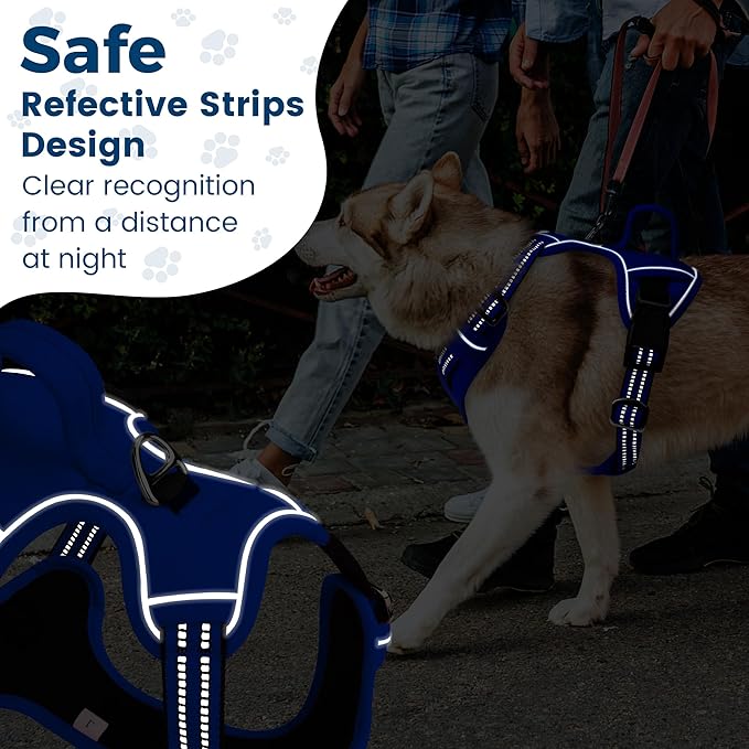 Funfox Dog Harness Medium No Pull, Adjustable 2 Clips Anti-Pull Vest with Practical Handle, Breathable Padded Pet Harness Designed for Small/Large Breeds, Reflective Training Walking Blue M