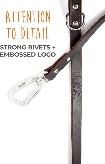 Mighty Paw Leather Dog Leash for Large Breeds - Soft Padded Handle - Extra D-Ring for Waste Bags - Strong Climbers Clip - 6 Ft Dog Leashes for Large Breeds - Leather Lead - Brown