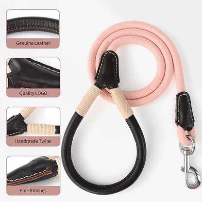 Mile High Life Genuine Leather Wrapped Handle Dog Leash, w Heavy Duty Clasp Rope Leash for Small Medium Large Dogs (Pink, 5FT)