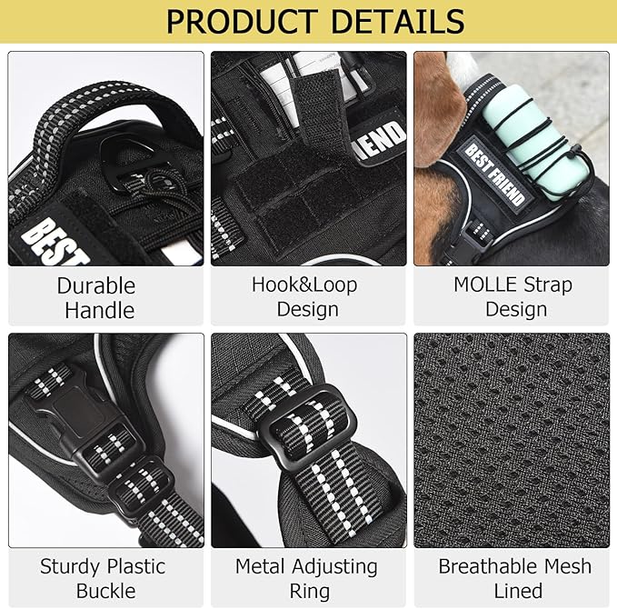 PET MARVEL Tactical Dog Harness for Large Size, No Pull Military Dog Vest with Easy Control Handle, Molle Hoop & Loop, Adjustable Reflective Reinforced Stich for Walking Training, Black