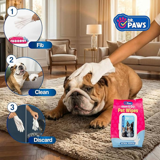 Dr. Paws Glove & Go Grooming Wipes for Dogs & Cats - Paraben Free, Alcohol Free, Lick-Safe, Hypoallergenic, Oatmeal Scented Dog Wipes for Paws and Butt, Puppy Wipes (20 Count)