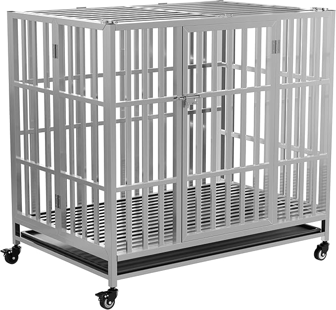 37" 42" 48" Heavy Duty Dog cage Stainless Steel Metal Kennel and Crate, Collapsible for Medium to Large Dogs, Easy to Assemble pet Pen with Four Lockable Wheels, Black Tray(37in)