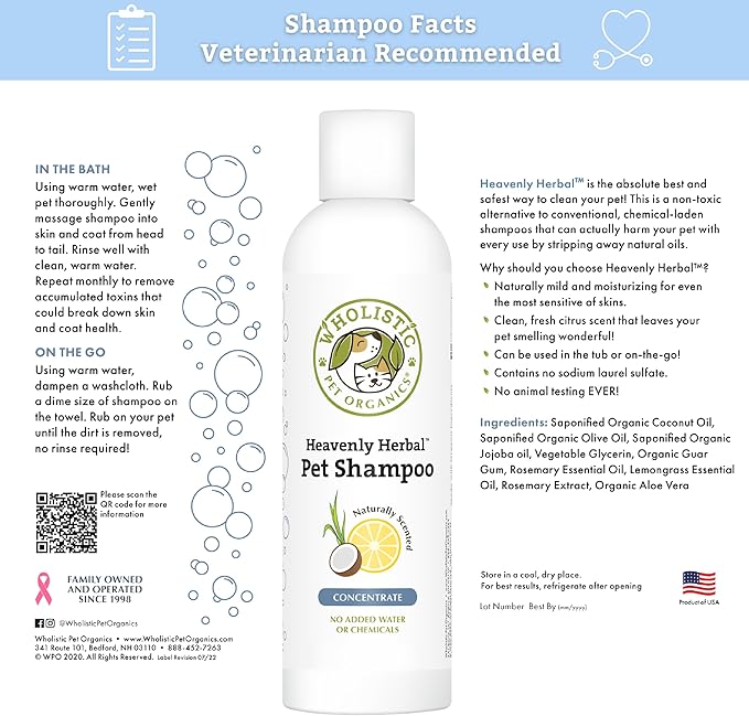 Wholistic Pet Organics Pet Shampoo Concentrate: Heavenly Herbal Organic Dog Shampoo and Conditioner - All Natural Puppy and Cat Shampoo for Dry, Itchy Skin, Allergies, Dandruff (2.0, Ounces)