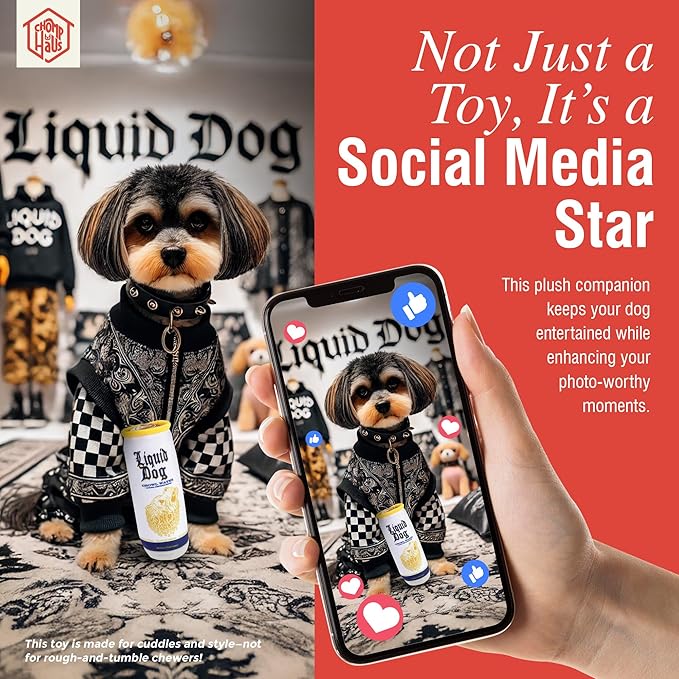 Chomp Haus Liquid Dog Growl Water – Luxurious Plush Dog Toy with Squeaker, Premium Fabric, Embroidered Details, Designer-Inspired Chew Toy, Fun Gift for Small to Medium Dogs & Dog Lovers