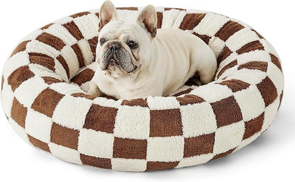 LE SURE Shown on TV Donut Medium Dog Bed - Round Catc Sofa Indoor Anti-Anxiety Calming Bed Gift for Pets, Washable Cute Modern Beds with Jacquard Shaggy Plush & Anti Slip Bottom, 30 Inch, Brwon
