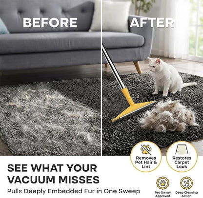 Carpet Rake for Pet Hair Removal – Reusable Cat & Dog Hair Remover Broom with Adjustable 60" Long Handle, Rug Rake Scraper for Carpet, Rugs, Mats, Upholstery & Couch Cleaning