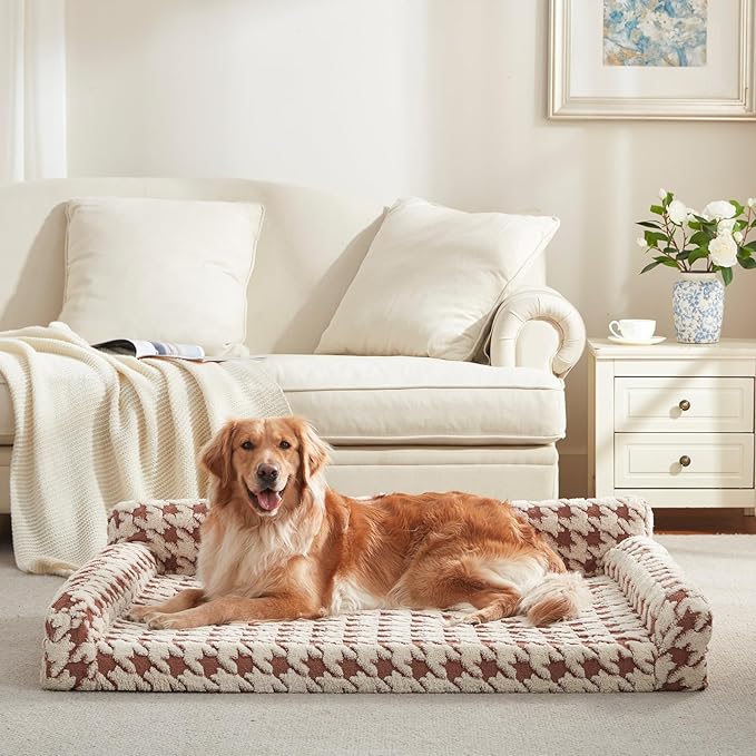 FURTIME Orthopedic Dog Bed Medium Size Dog, Medium Washable Memory Foam Pet Couch Bed with Removable Washable Cover, Non-Slip Bottom with Bolster Sides, Brown