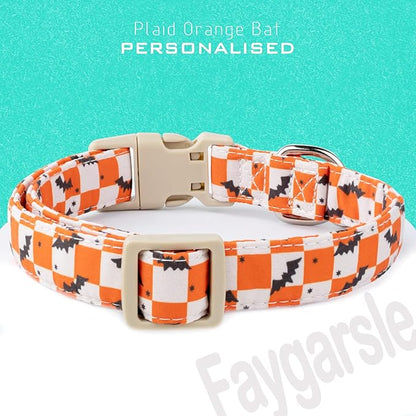 Faygarsle Halloween Dog Collar with Charm, Orange and White Checkered with Bats Pattern,for Small Medium Large Dogs XS