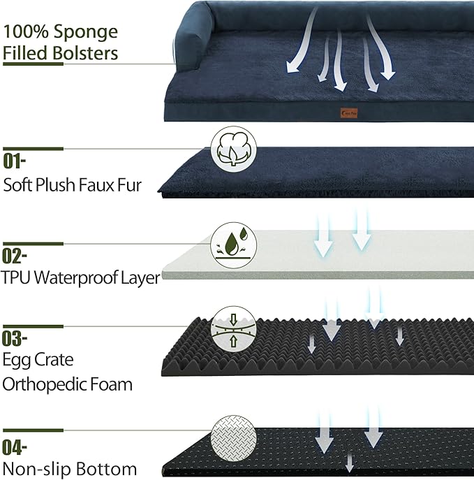 Casa Paw Orthopedic Dog Beds for Large Sized Dogs, Waterproof Egg Crate Foam Large Dog Couch Beds with Comfy Bolster 36x27Inch, Washable Pet Beds with Removable Cover and Nonskid Bottom, Navy Blue