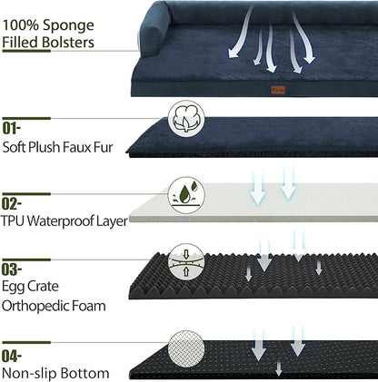 Casa Paw Orthopedic Dog Beds for Large Sized Dogs, Waterproof Egg Crate Foam Large Dog Couch Beds with Comfy Bolster 36x27Inch, Washable Pet Beds with Removable Cover and Nonskid Bottom, Navy Blue