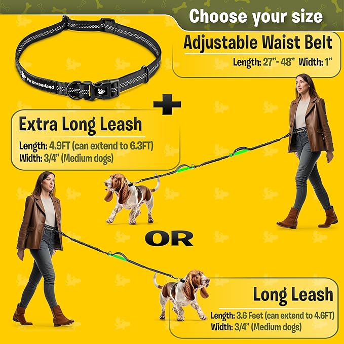 Exquisite Hands-Free Leash for Medium Dogs: Perfect for Active Pet Owners Comfortable, Durable & Ideal for Running, Walking, Hiking. Premium Dog Waist Leash with Bungee. Must-Have Dog Gear