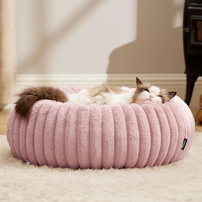 Bedsure ComfyFleece Cat beds for Indoor Cats - Donut Dog Beds for Small Dogs with Corduroy Fleece & Anti Slip Bottom, Faux Fur Pet Beds with Washable Removable Cover, Blush Pink, 20x20x6 inches