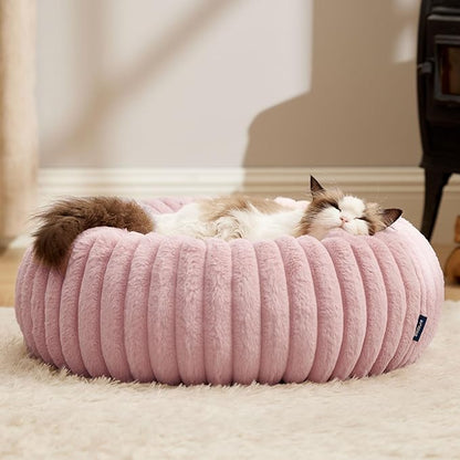 Bedsure ComfyFleece Cat beds for Indoor Cats - Donut Dog Beds for Small Dogs with Corduroy Fleece & Anti Slip Bottom, Faux Fur Pet Beds with Washable Removable Cover, Blush Pink, 20x20x6 inches