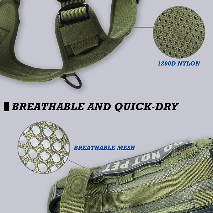 Tactical Dog Harness for Small and Medium Breeds, Air Dog Vest No Pull with Reflective Do Not Pet Patches, Breathable Dog Molle Vests for Training Walking Hunting Green