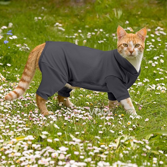 Yternal Sticky Hair Cat Clothes, Breathable & Lightweight, Reduces Shedding Fur Pajamas, Full Body Long Sleeve Surgical Bodysuit, Stop Licking & Shedding Darkgrey XS