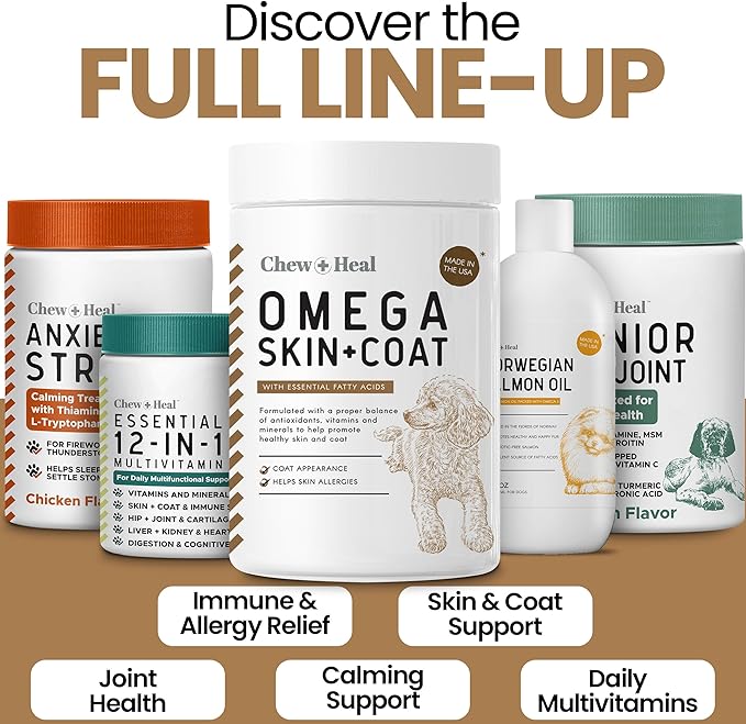Omega for Dogs - 180 Delicious Soft Chews - Salmon Oil Treats for Skin and Coat, Itch Relief - Fish Oil Blend of Essential Fatty Acids, Omega 3, 6, and 9, and Vitamins - Peanut Butter Flavor