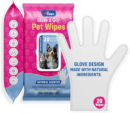 Dr. Paws Glove & Go Grooming Wipes for Dogs & Cats - Paraben Free, Alcohol Free, Lick-Safe, Hypoallergenic, Oatmeal Scented Dog Wipes for Paws and Butt, Puppy Wipes (20 Count)