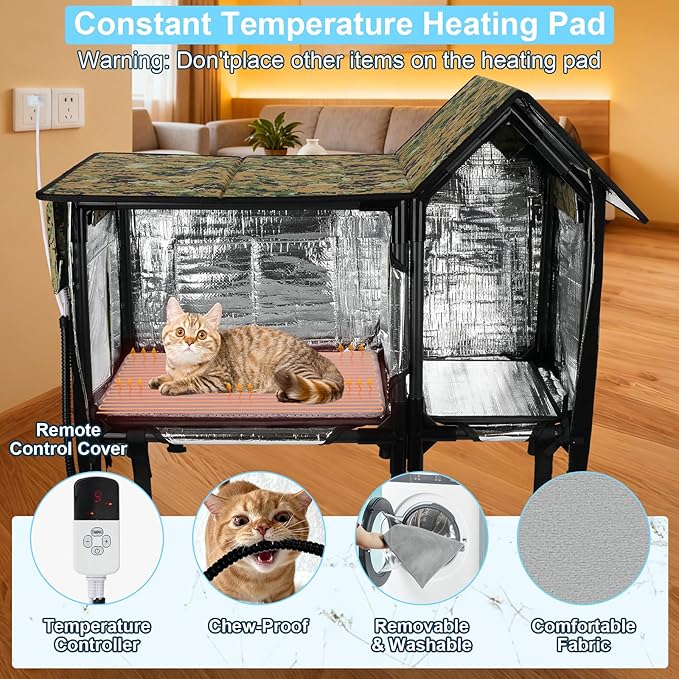 Xosody Heated Cat House for Outside Cats- 100% Weatherproof Insulated Outdoor Cat House with Heating Pad, Elevated Base & Safe Escape Door, Warm Kitty Shelter for Feral or Stray Cats in Winter
