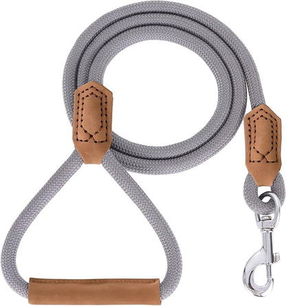 Mile High Life | Premium Leather Dog Leash | Strong Rope Leash | Leather Handle | Zinc Alloy Strong Clasp | Small Medium Large Dogs | 4/5/6 Feet(Gray Yellow, 48 Inch (Pack of 1))