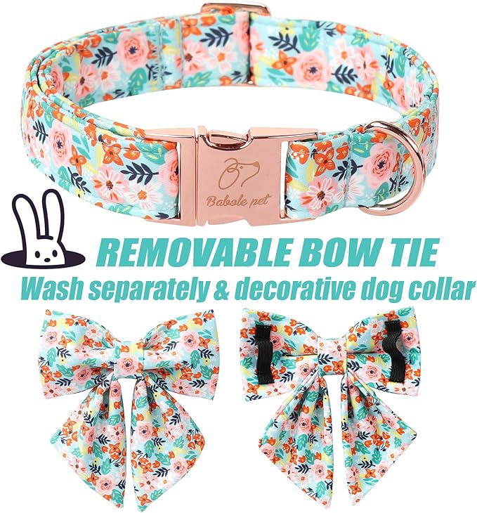 Floral Dog Collar with Bow Tie - Adjustable Blue Flower Lady Bow Collar Breathable Comfort Spring-Summer Dog Collars for Small Medium Large Dogs XL
