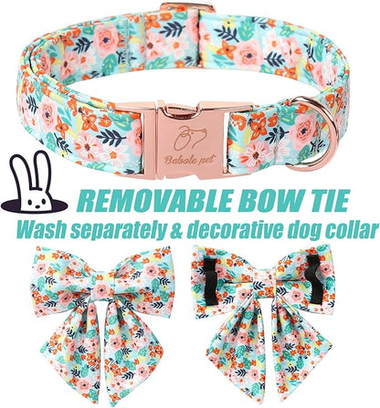 Floral Dog Collar with Bow Tie - Adjustable Blue Flower Lady Bow Collar Breathable Comfort Spring-Summer Dog Collars for Small Medium Large Dogs S