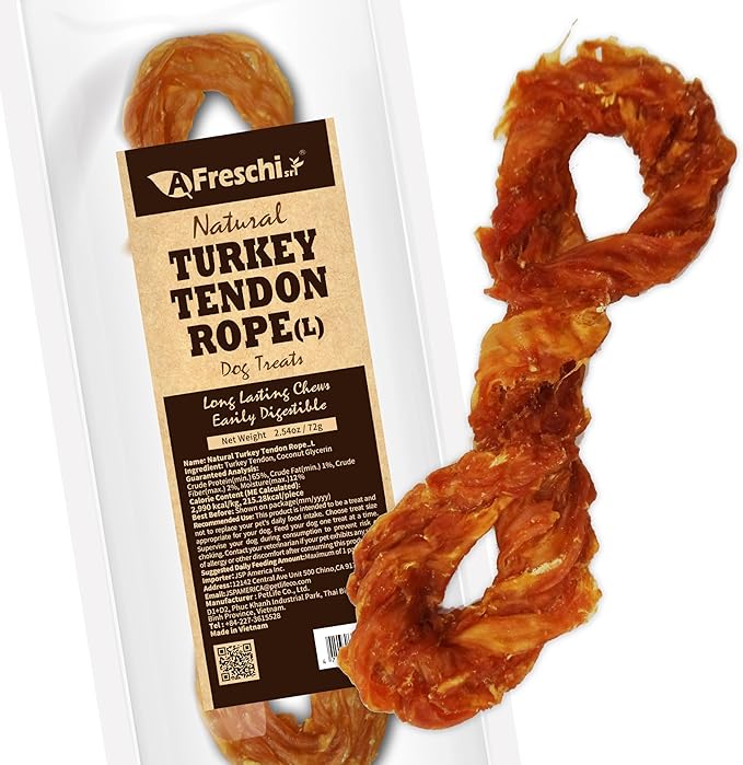 A Freschi srl Turkey Tendons for Dogs, USA-Sourced, Healthy Dog Treats, Rawhide-Free Puppy Chews, Long Lasting, All Natural, Hypoallergenic Dog Treats for Large Breeds, 1 Count Pack Rope (L)