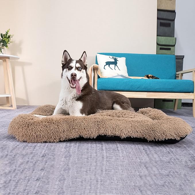 Coohom Deluxe Plush Dog Bed Pet Cushion Crate Mat,Fulffy Comfy Kennel Anti-Slip Washable Pad for Medium Large X-Large Dogs(XX-Large, Khaki)
