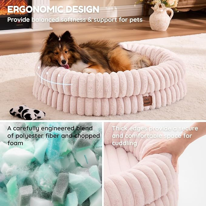 Dog Bed Medium Sized Dog - Luxury Striped Faux Fur Waterproof Pet Couch with Removable Washable Cover, Orthopedic Pet Bed with Bolster Sides for Sleeping, Pink
