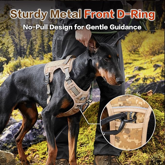 PawsPassion No Pull Dog Harness for Medium Large Dog, Heavy Duty Tactical Adjustable Pet Harness, Voyager Service Vest Harness with Easy Control Handle Reflective Strip (Dune Patrol, L)