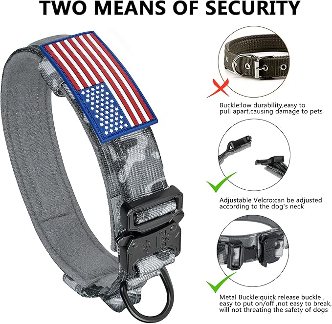 DAGANXI Tactical Dog Collar, Adjustable Military Training Nylon Dog Collar with Control Handle and Heavy Metal Buckle for Medium and Large Dogs, with Patches and Airtags Case (XL, Camo)