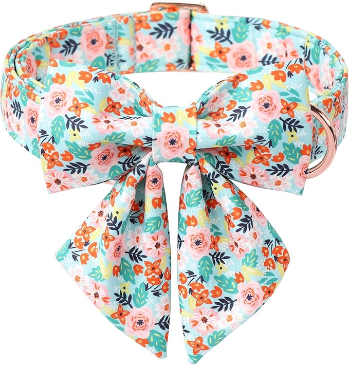 Floral Dog Collar with Bow Tie - Adjustable Blue Flower Lady Bow Collar Breathable Comfort Spring-Summer Dog Collars for Small Medium Large Dogs XL