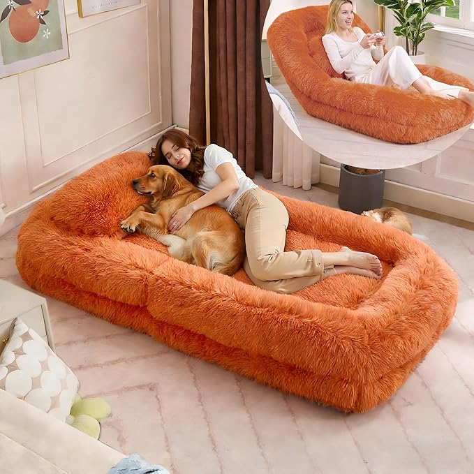 KEIKI 69" Human Dog Bed for Adults, 5-Position Adjustable Convertible Floor Sofa Chair, Human Size Dog Bed for People, Plush Faux Fur Lazy Sofa for Gaming, Meditation & Relaxation, Orange