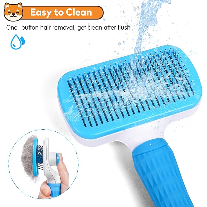 Dog & Cat Brush Kit 2PCS, Self Cleaning Slicker Brush for Pets, Dog Brush for Shedding Massaging and Grooming, Removes Loose Undercoat & Portable Comb for Long Short Haired Dogs(Blue)