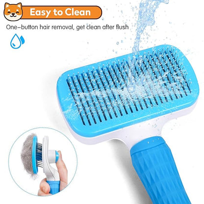 Dog & Cat Brush Kit 2PCS, Self Cleaning Slicker Brush for Pets, Dog Brush for Shedding Massaging and Grooming, Removes Loose Undercoat & Portable Comb for Long Short Haired Dogs(Blue)