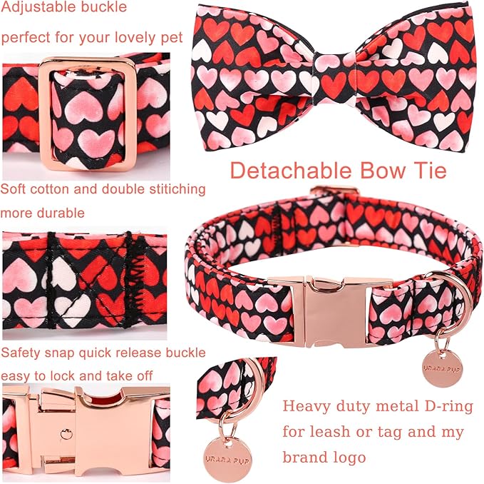 Valentine’s Day Dog Collar with Bow Tie, Red Heart Bowtie Collar with Metal Buckle, Valentine’s Day Gift Adjustable Pet Collar for Puppy Girl Boy Dog or Cat, XL, Neck 16-26in