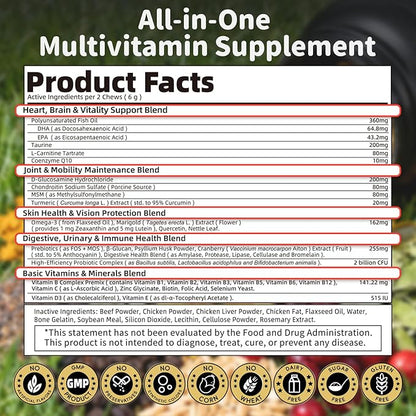 25-in-1 Dog Multivitamin Chews – All-in-One Daily Vitamins & Supplements for Dogs, Joint Support with Glucosamine MSM, Omega-3 Skin & Coat, Gut, Heart & Brain, All Breeds & Ages, Beef, 90Ct