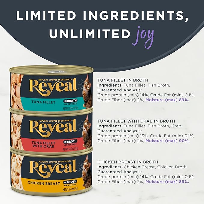 Reveal Natural Wet Canned Cat Food, 3-Flavor Variety Pack, Limited Ingredient, Grain Free, High Protein with No Artificial Additives, Fish and Chicken Variety in Broth, (12 x 2.47 oz Cans)