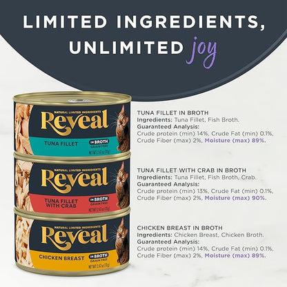 Reveal Natural Wet Canned Cat Food, 3-Flavor Variety Pack, Limited Ingredient, Grain Free, High Protein with No Artificial Additives, Fish and Chicken Variety in Broth, (12 x 2.47 oz Cans)