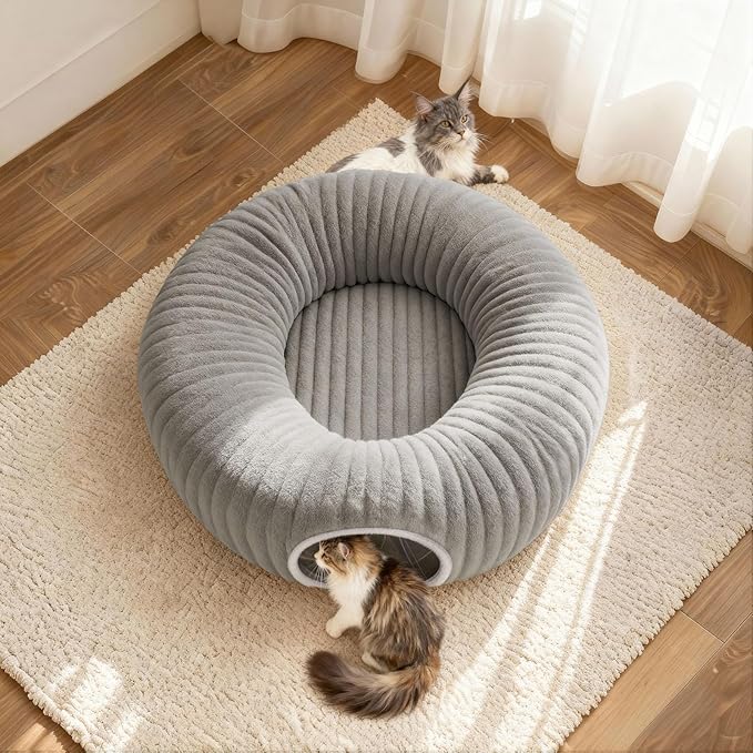 MOYMO Cat Tunnel Bed for Indoor Cats, Peekaboo Cat Cave Bed,Soft Cat Donut Tunnel for Kitten Large Cats, Cat Tunnel Christmas Tree Skirt, Grey