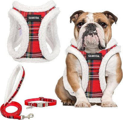 GAMUDA Small Dog Harness Collar and Leash Set, Step in No Chock No Pull Soft Mesh Adjustable Dog Vest Harnesses Plaid Reflective for Dogs Puppy Cats Kitten Rabbit (Warm Red, L)