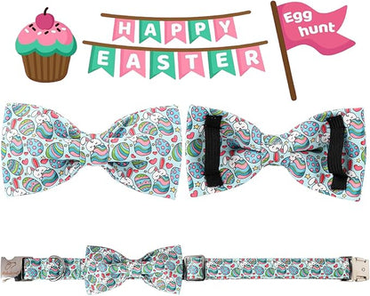 Dog Collar with Bow Tie, Easter Eggs Bowtie Dog Collar with Safety Metal Buckle, Cute Boy Girl Dog Bunny Collar for Small Dogs