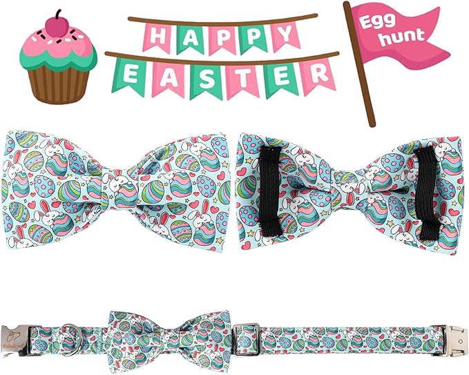 Easter Dog Collar with Bow Tie, Easter Eggs Bowtie Dog Collar with Safety Metal Buckle, Cute Boy Girl Dog Easter Bunny Collar for Puppy Small Dogs, XS