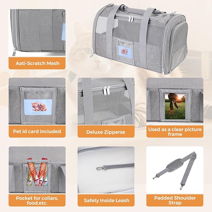 FOORLON Cat Carrier Soft for Pets Up to 25 Lbs, Cat Travel Bag with Padded Shoulder Strap and Detachable Cat Food Bowl, Pet Dog Carriers for Small Dogs Travel Puppy Carry Airline Approved, Grey